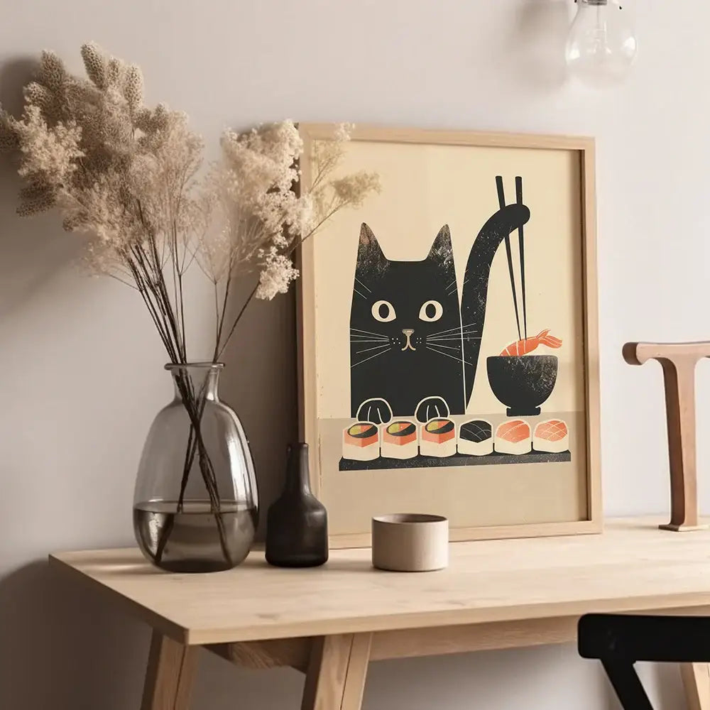 A framed minimalist wooden canvas print of a black cat with chopsticks and japanese ramen wall art