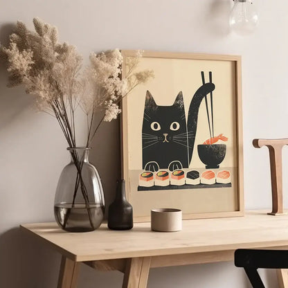 A framed minimalist wooden canvas print of a black cat with chopsticks and japanese ramen wall art