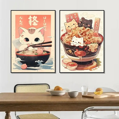 Two framed anime-style canvas prints of japanese ramen wall art featuring cute cats enjoying ramen bowls