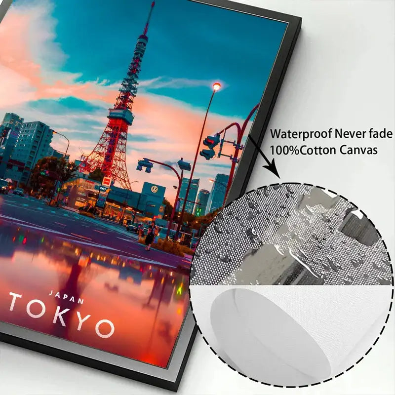 A framed DecorBites™ city landscape canvas print of a vibrant japanese city landscape featuring red Tokyo Tower at sunset on cotton