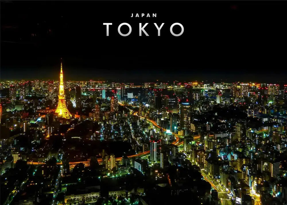 Decorbites™ japanese city landscape canvas wall art features a golden-lit tokyo tower city landscape at night