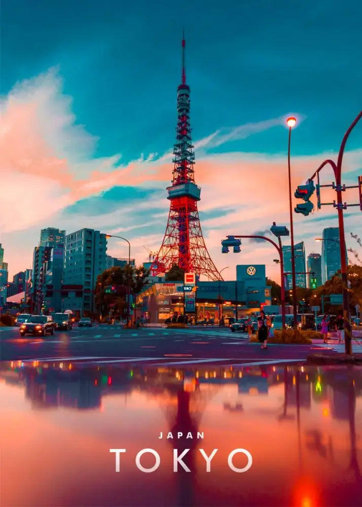 DecorBites™ city landscape canvas wall art featuring iconic red and white Tokyo Tower at twilight in a japanese city landscape