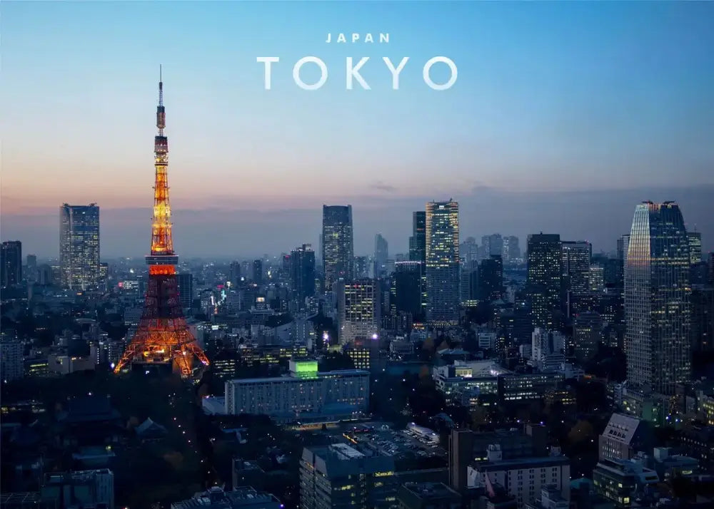 DecorBites™ japanese city landscape canvas wall art featuring the illuminated Tokyo Tower glowing in warm orange light