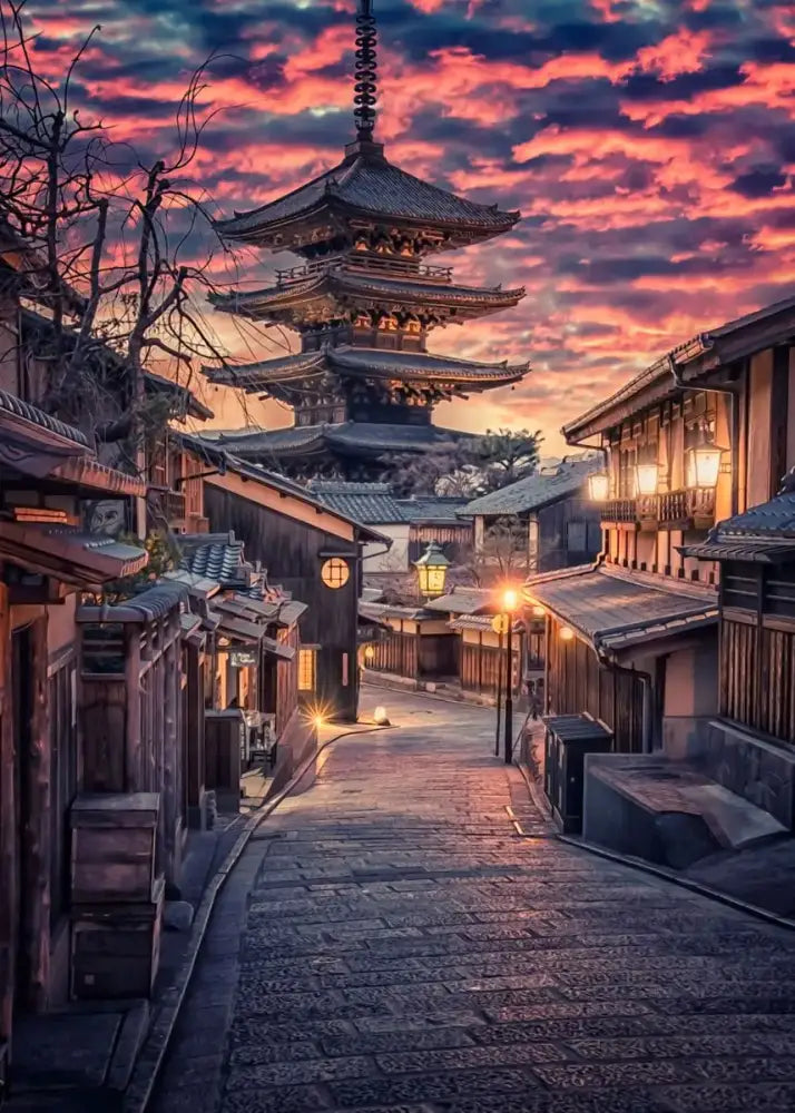 Decorbites™ japanese city landscape canvas wall art featuring a multi-tiered wooden pagoda against a vibrant sunset sky