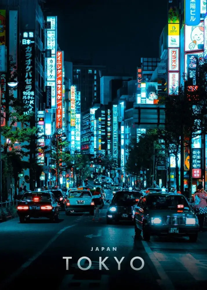 DecorBites™ japanese city landscape canvas wall art featuring neon-lit tokyo street with vibrant blue and red signs