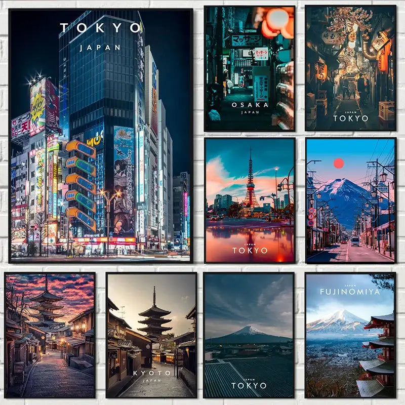 Set of nine framed DecorBites™ japanese city landscape canvas posters featuring neon cityscapes and serene mountains