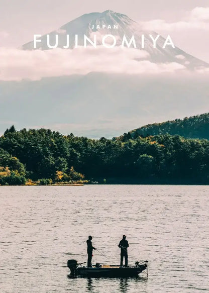 Decorbites™ japanese city landscape canvas wall art featuring a silhouetted fishing boat with mount fuji backdrop