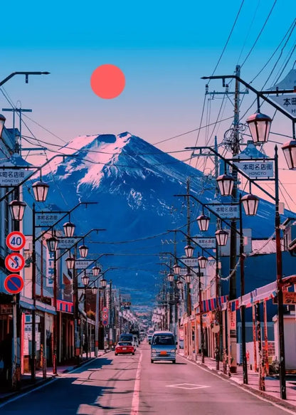 Decorbites™ japanese city landscape canvas wall art featuring snow-capped mount fuji behind lantern-lit street at dusk