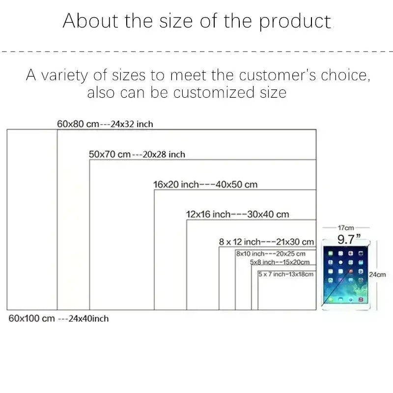 A tablet with a 9.7 inch screen and size charts displaying decorbites™ japanese city landscape canvas wall art options