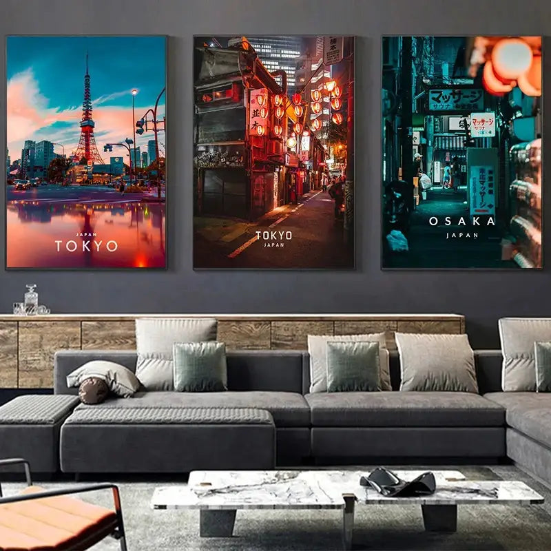 Three framed city landscape canvas posters of tokyo and osaka japan by decorbites japanese city landscape wall art