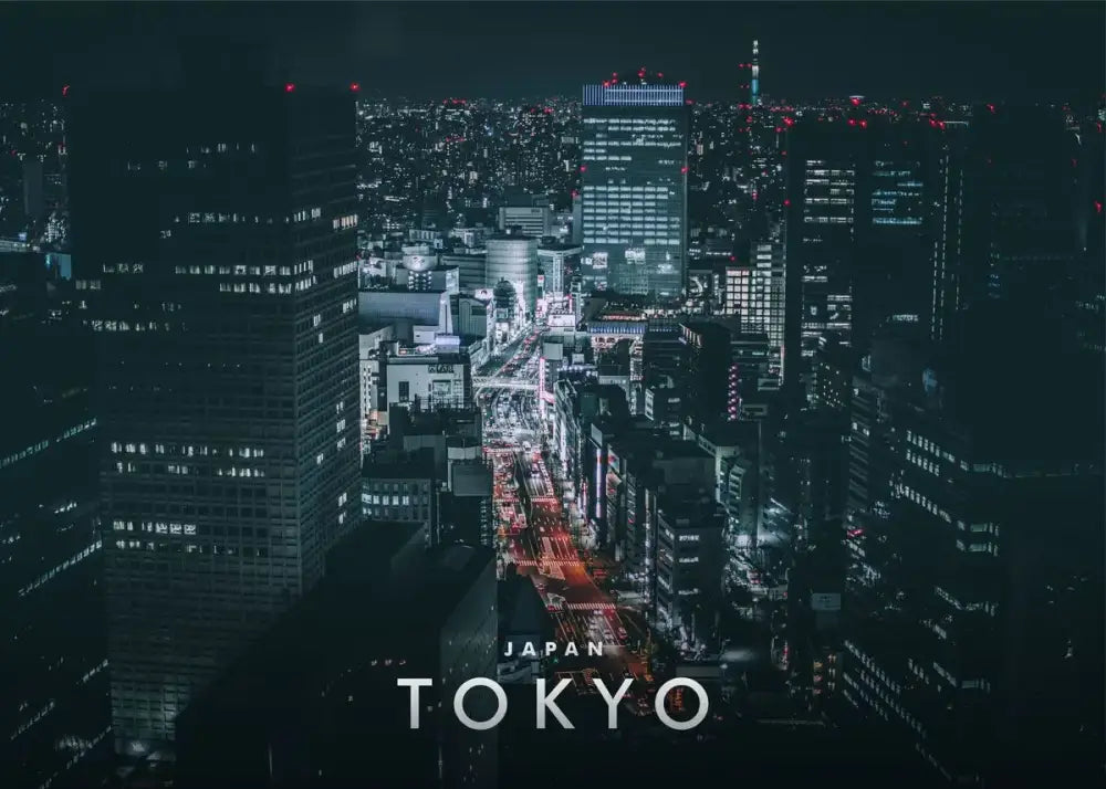 Tokyo cityscape at night with illuminated skyscrapers on DecorBites™ japanese city landscape canvas wall art
