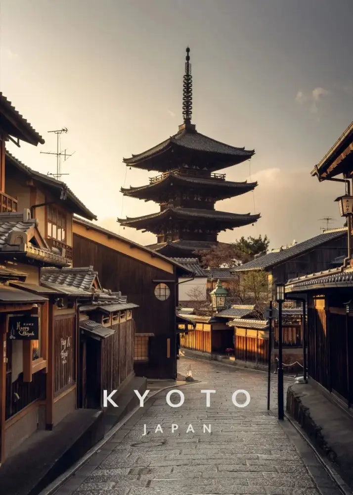 Decorbites™ japanese city landscape canvas wall art featuring a dark wooden five-story pagoda in kyoto city landscape