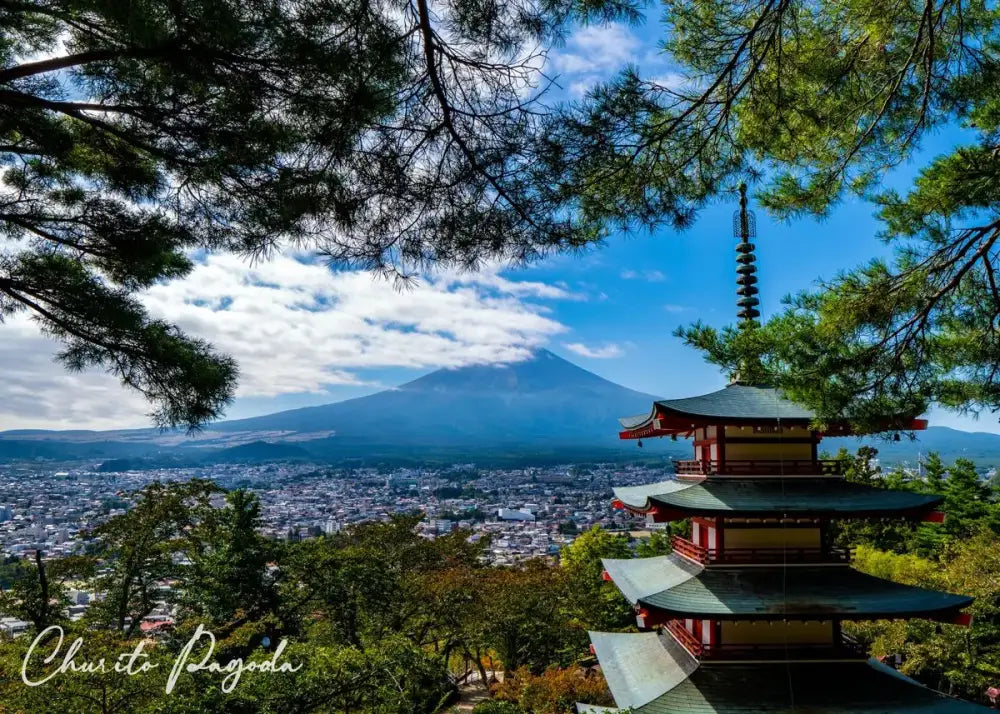 Decorbites™ japanese city landscape canvas wall art featuring a traditional red and gold five-storied pagoda with green roofs