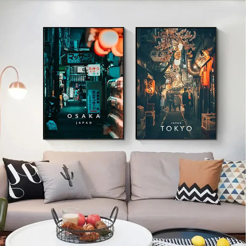 Two framed decorbites™ city landscape canvas posters featuring japanese city landscape of osaka and tokyo japan