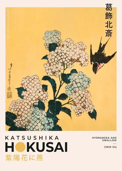 DecorBites™ Japanese Hokusai art poster print featuring hydrangea blossoms and a black swallow on yellow background