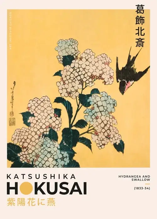 Decorbites™ japanese hokusai art poster print featuring hydrangea blossoms and a black swallow on yellow background
