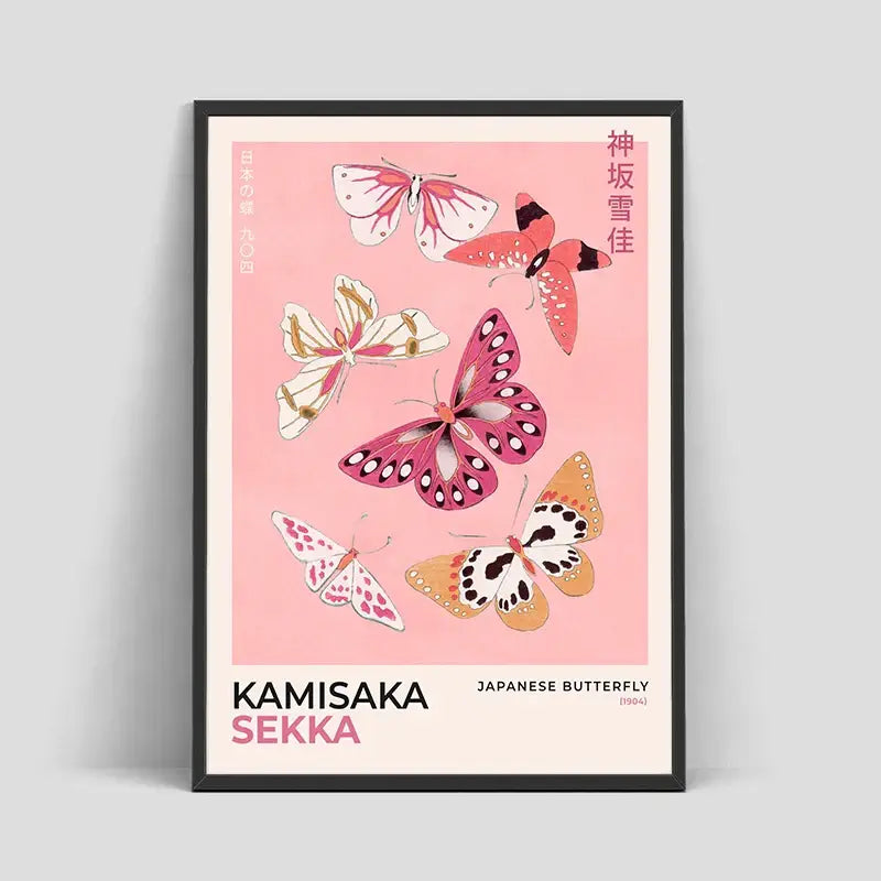 A framed DecorBites™ Japanese Hokusai art poster print with pink, white, and orange butterflies on soft pink background