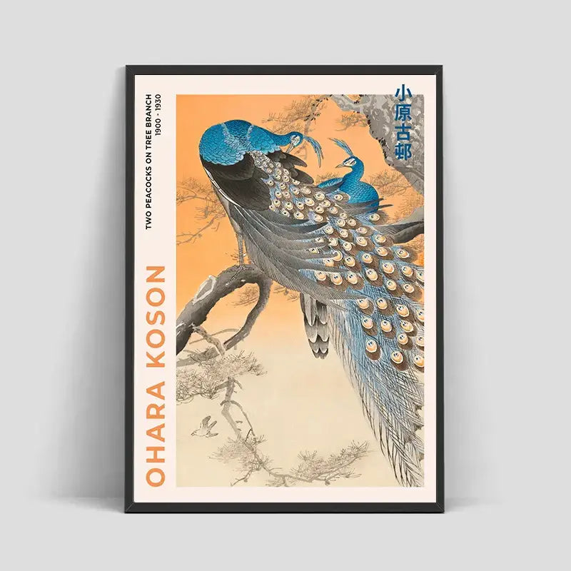 Framed DecorBites™ Japanese Hokusai art poster print featuring two vibrant blue peacocks in woodblock style