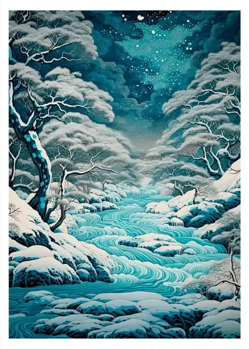 Decorbites™ japanese hokusai art poster print featuring a serene winter river landscape under a starry teal sky
