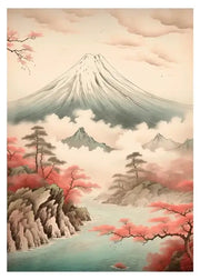 Decorbites™ japanese hokusai art poster print featuring snow-capped mount fuji and cherry blossoms for home decor