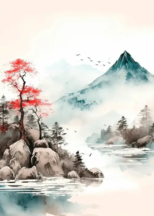 Decorbites™ japanese hokusai art poster print featuring a red-leafed tree by misty waters with distant blue-gray mountains