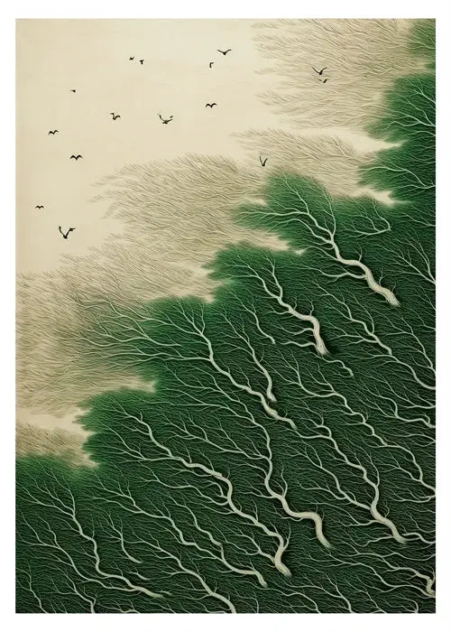 Stylized DecorBites™ Japanese Hokusai art poster print featuring a green forest with white branching patterns and flying birds