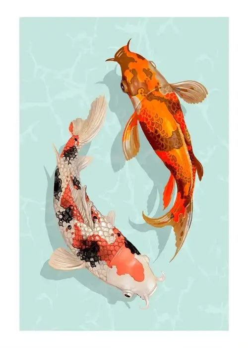 DecorBites™ Japanese Hokusai art poster print featuring two koi fish with vibrant orange, white, and red-orange scales