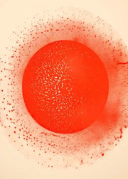 Vibrant orange circular abstract art poster print with red speckles and fine textured lines for home decor by decorbites™