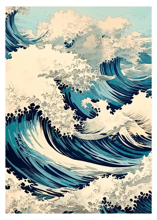 Decorbites™ japanese hokusai art poster print featuring vibrant blue and white stylized ocean waves for home decor