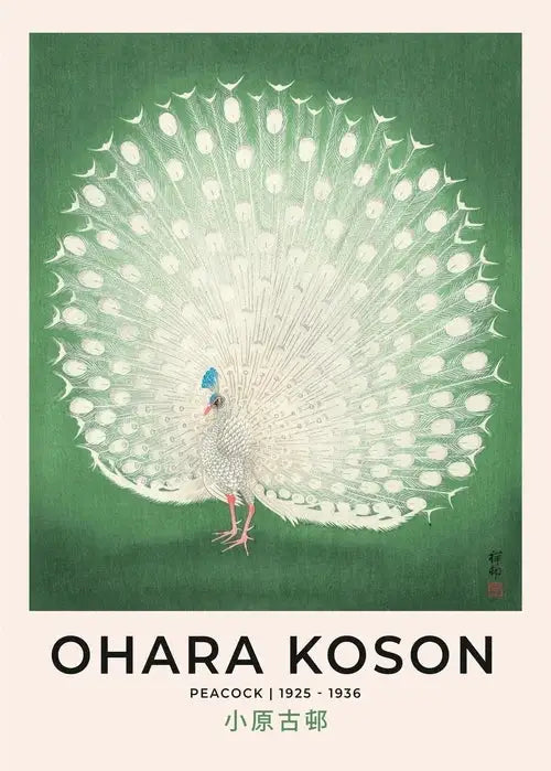 Decorbites™ japanese hokusai art poster print featuring a white peacock with blue crest and pink legs on green background