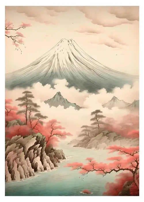 Decorbites™ japanese hokusai art poster print featuring mount fuji with cherry blossoms on vintage canvas