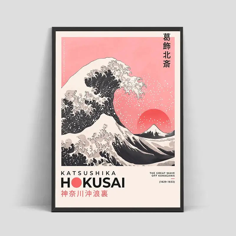 A framed DecorBites™ Japanese Hokusai art poster print with black and white waves and a pink sky featuring mount fuji