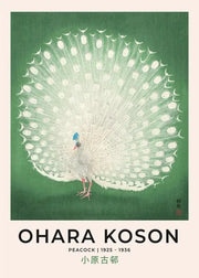 Decorbites™ japanese hokusai art poster print featuring a white peacock with blue crest and pink legs in line art