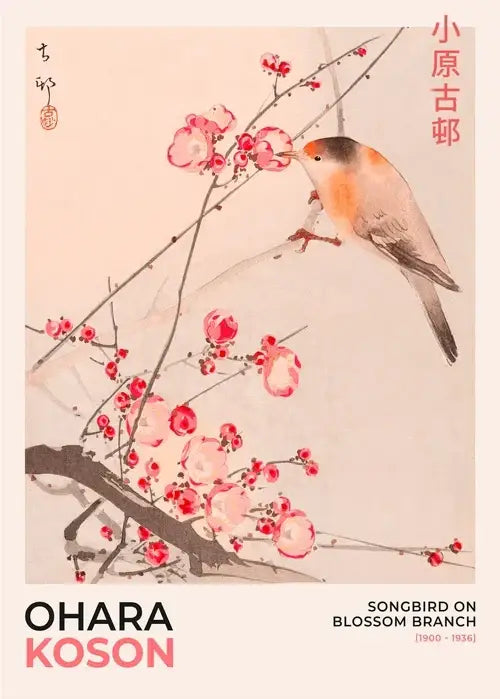Decorbites™ japanese katsushika hokusai canvas art print featuring a delicate bird on pink blossom branches for home decor