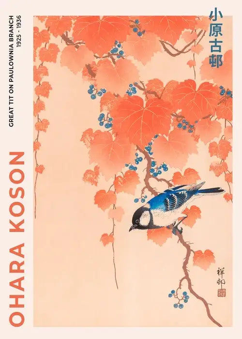 A delicate canvas art print of a blue and white bird on an orange vine with blue berries for japanese katsushika hokusai home decor