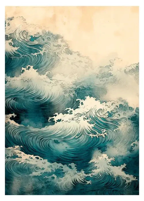 A dynamic hand-painted japanese katsushika hokusai canvas art print in deep teal and white for home decor