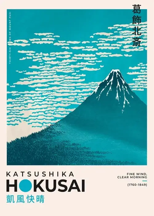 Teal and white woodblock canvas art print of mount fuji by japanese katsushika hokusai for home decor DecorBites™