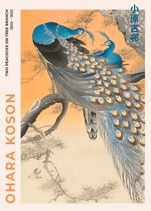 Vibrant blue peacock with eye-patterned feathers in japanese katsushika hokusai style canvas art for home decor by decorbites