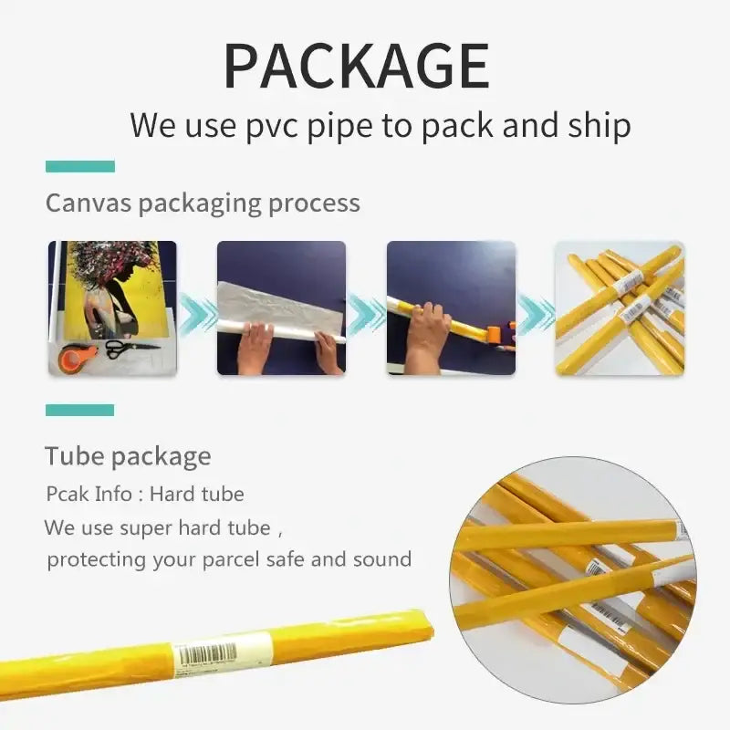 Yellow pvc pipe packaging tubes used to safely ship decorbites™ japanese katsushika hokusai canvas art for home decor
