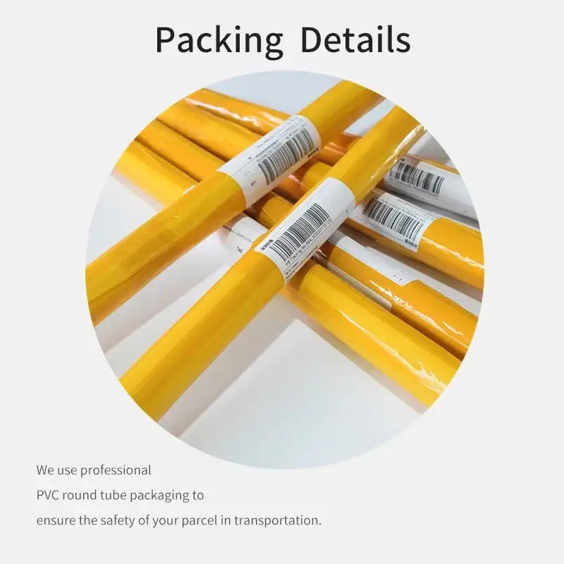 Yellow pvc round tubes wrapped in clear plastic with white barcode labels for home decor canvas art japanese katsushika hokusai