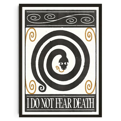 Black and white framed art print with gold accents featuring stylized coiled snake and i do not fear death text koi cat abstract wall art