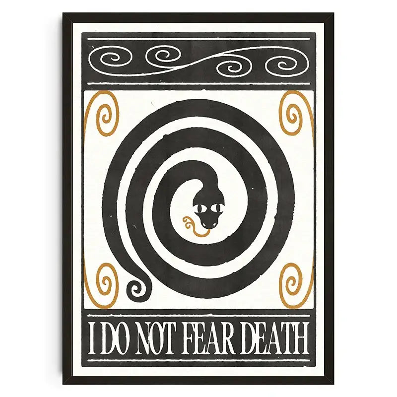 Black and white framed wall art featuring stylized coiled snake with gold accents and text in decorbites™ japanese koi cat abstract collection