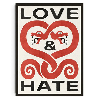A framed DecorBites™ canvas wall art with bold love and hate text and a red heart koi cat abstract design