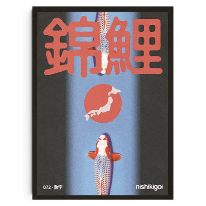 A framed decorbites™ canvas wall art featuring bold red japanese koi characters above an orange and white koi cat abstract on blue background