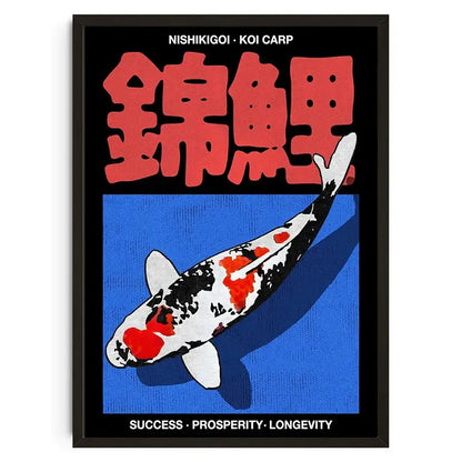 A framed decorbites™ canvas wall art featuring a red black and white japanese koi cat abstract against a blue background