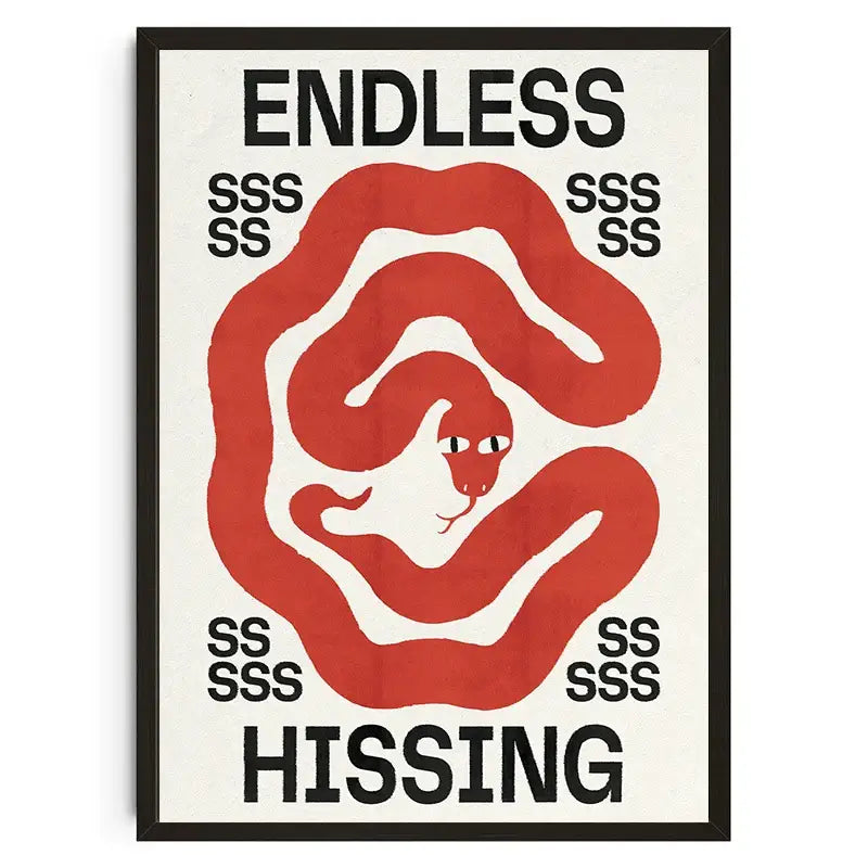 A framed cream canvas wall art by decorbites featuring a stylized red snake and bold black text with japanese koi cat design