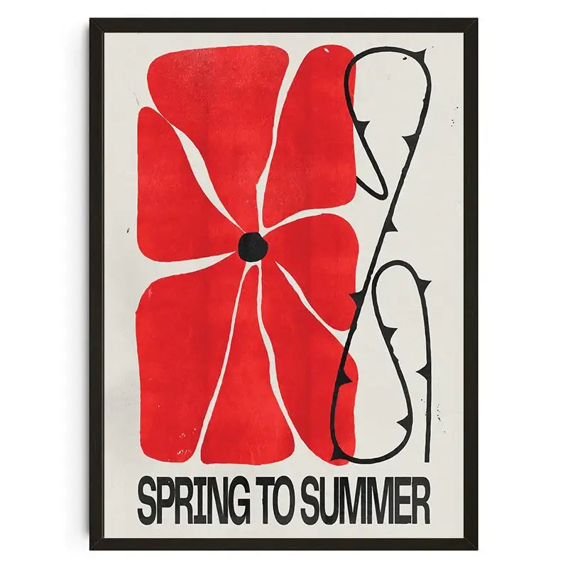 A framed decorbites™ wall art poster with bold red stylized flower and black thorns for japanese koi abstract decor