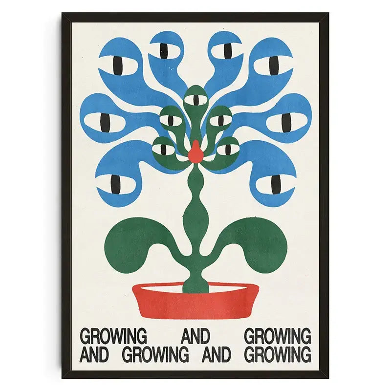 A framed wall art poster by decorbites featuring japanese koi abstract with blue eye-shaped leaves in a red pot