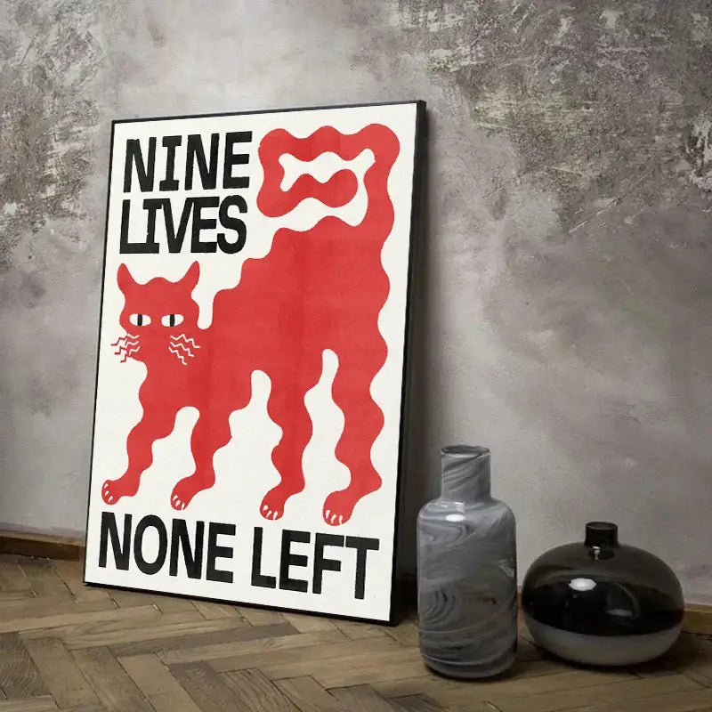 Red stylized cat poster with bold black text nine lives none left in a black frame for japanese koi cat wall art decor