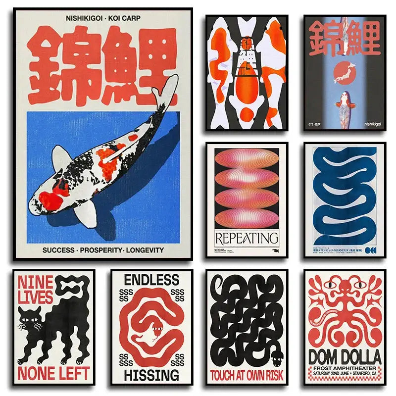 Decorbites™ japanese koi cat abstract canvas wall art featuring a vibrant red and black koi carp with bold japanese characters on blue background